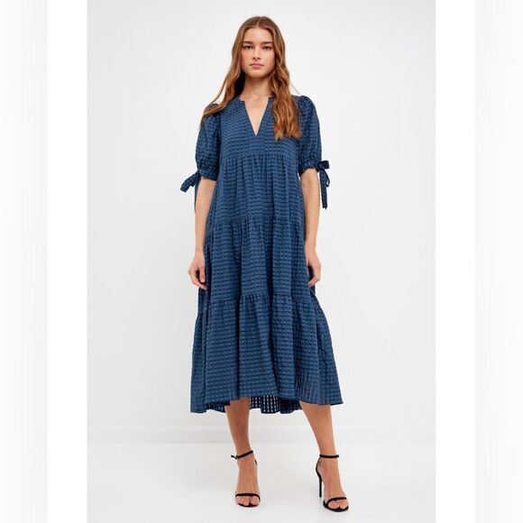 ENGLISH FACTORY Gingham Tiered Midi Dress with Bow Tie Sleeves in blue - Picture 3 of 8